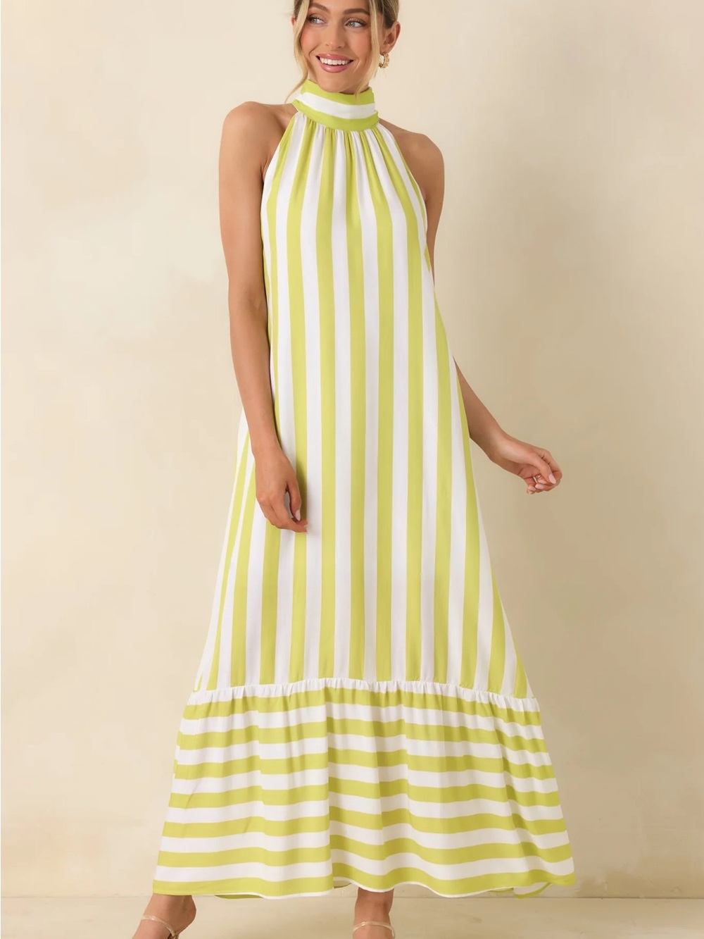 Lime Green & White Striped Halter Maxi Dress